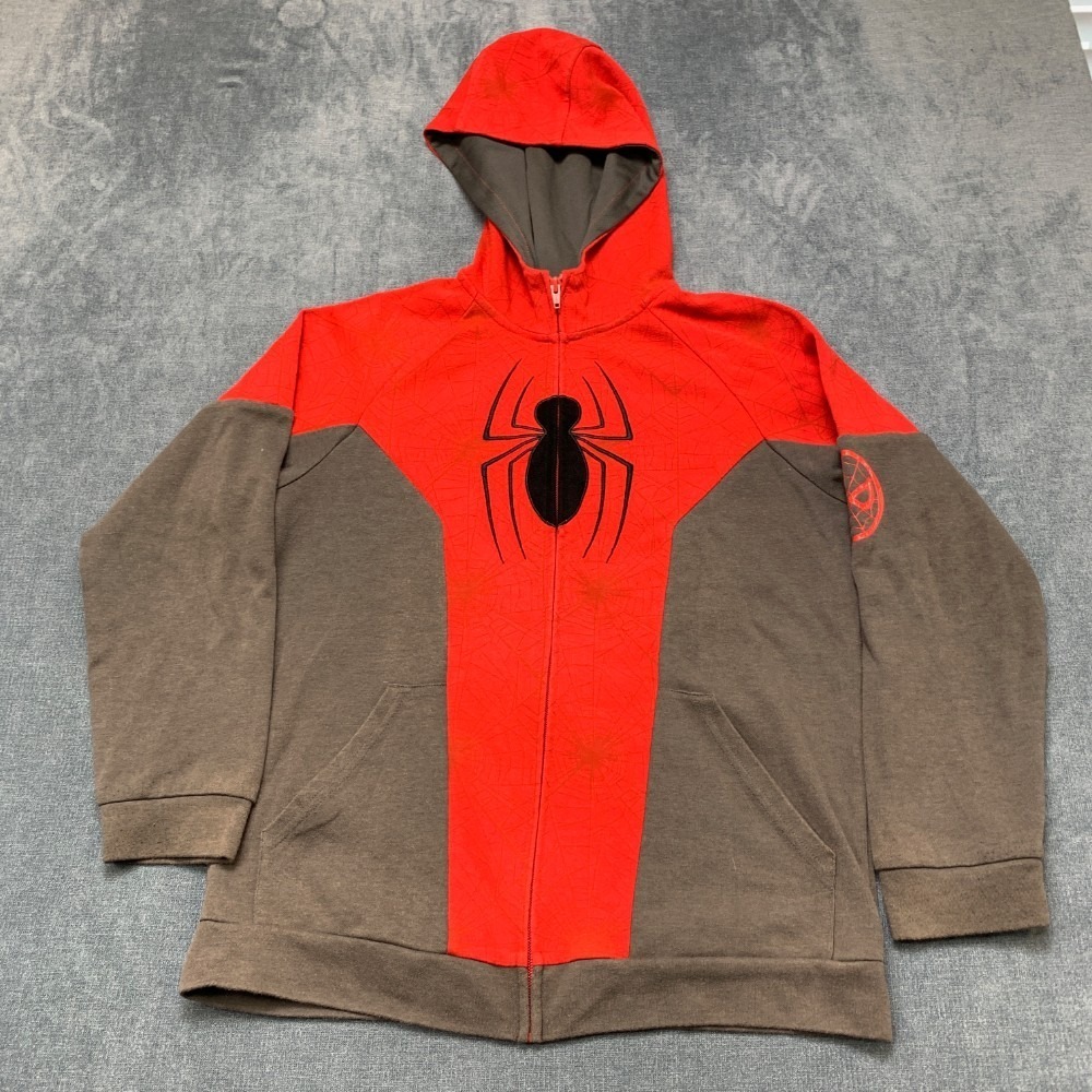 Marvel Spider Man Hoodie Boy Large 14-16 Red Gray Graphic Raglan Sleeve Full Zip